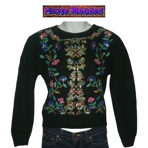Vintage 80s Art Deco Dynasty Lambswool Embroidered Sequin Metallic Sweater P